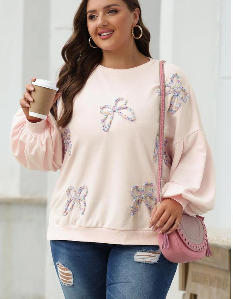 Parchment Embroidered Bow Lantern Sleeve Oversized Pullover Sweatshirt