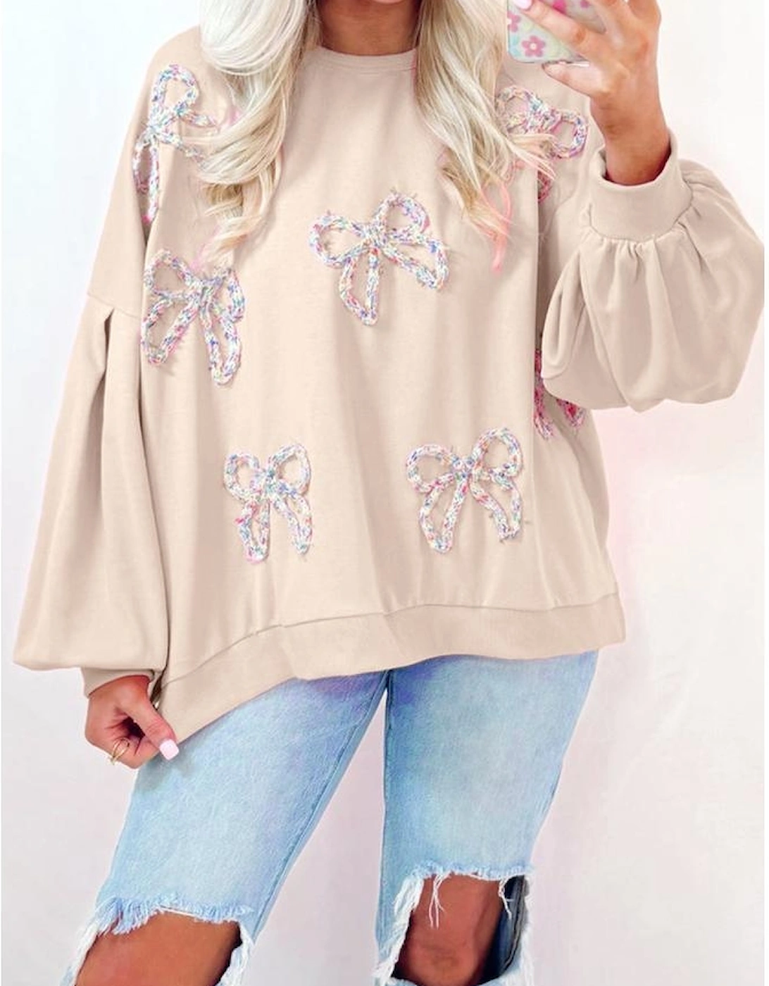 Parchment Embroidered Bow Lantern Sleeve Oversized Pullover Sweatshirt
