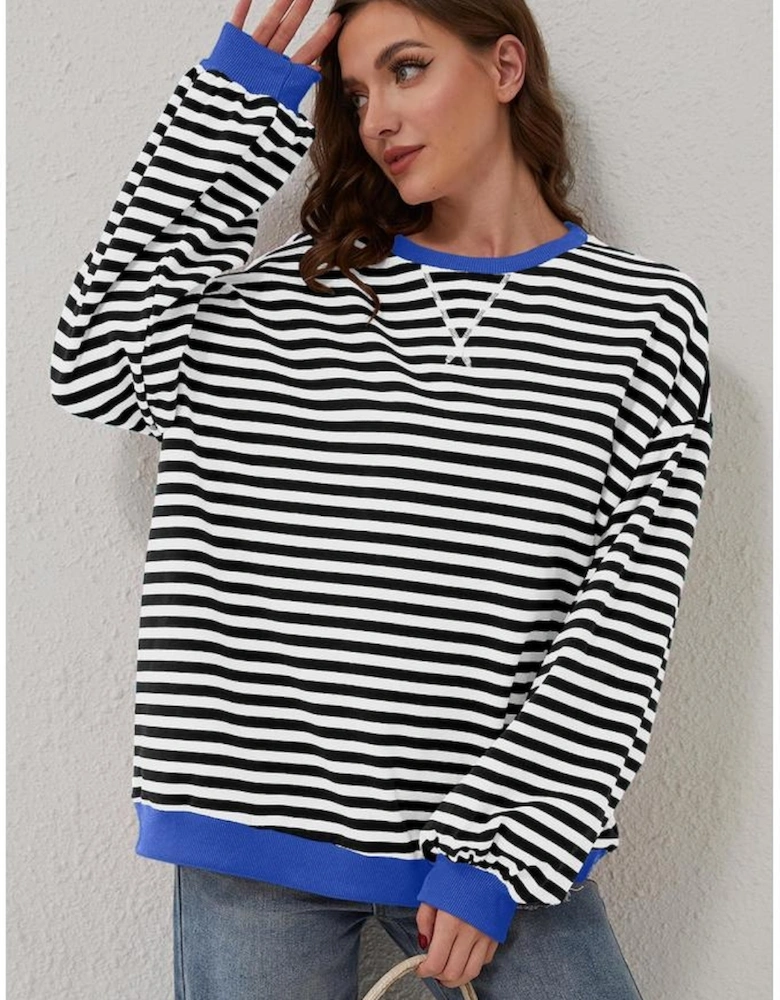 Black Stripe Oversized Contrast Trim Pullover Sweatshirt