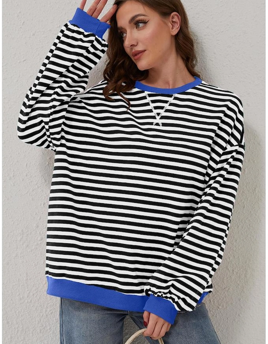 Black Stripe Oversized Contrast Trim Pullover Sweatshirt