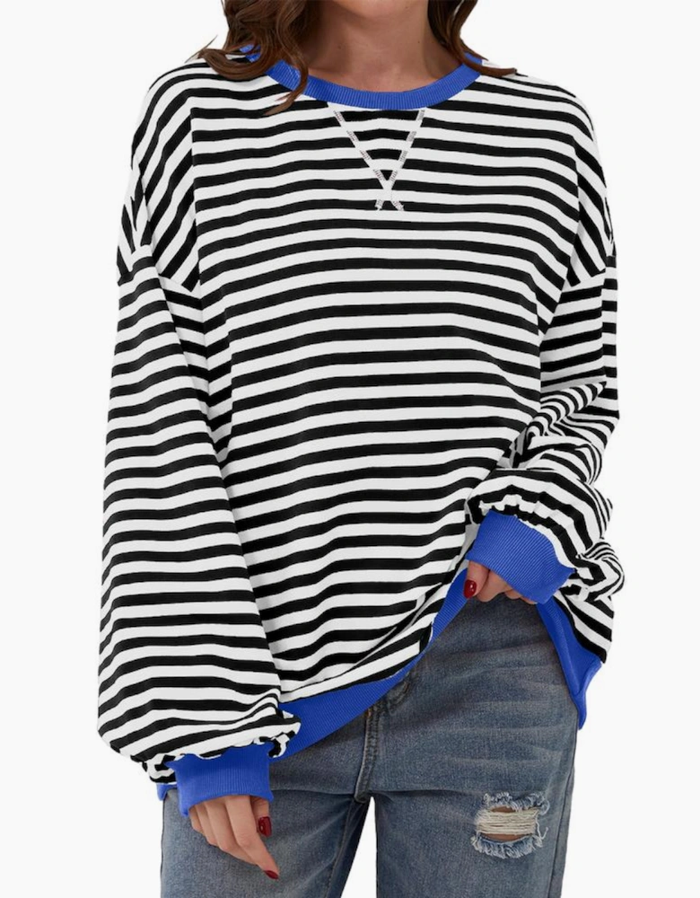 Black Stripe Oversized Contrast Trim Pullover Sweatshirt