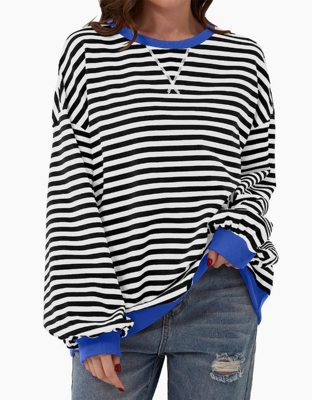 Black Stripe Oversized Contrast Trim Pullover Sweatshirt