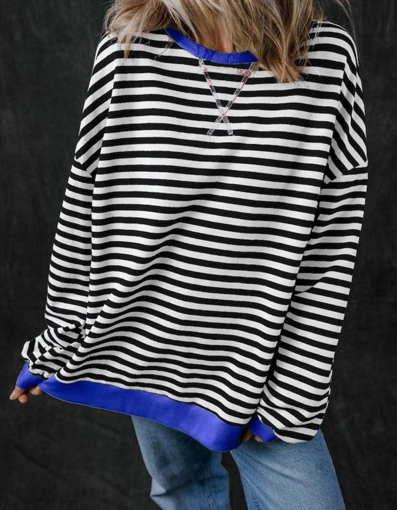 Black Stripe Oversized Contrast Trim Pullover Sweatshirt