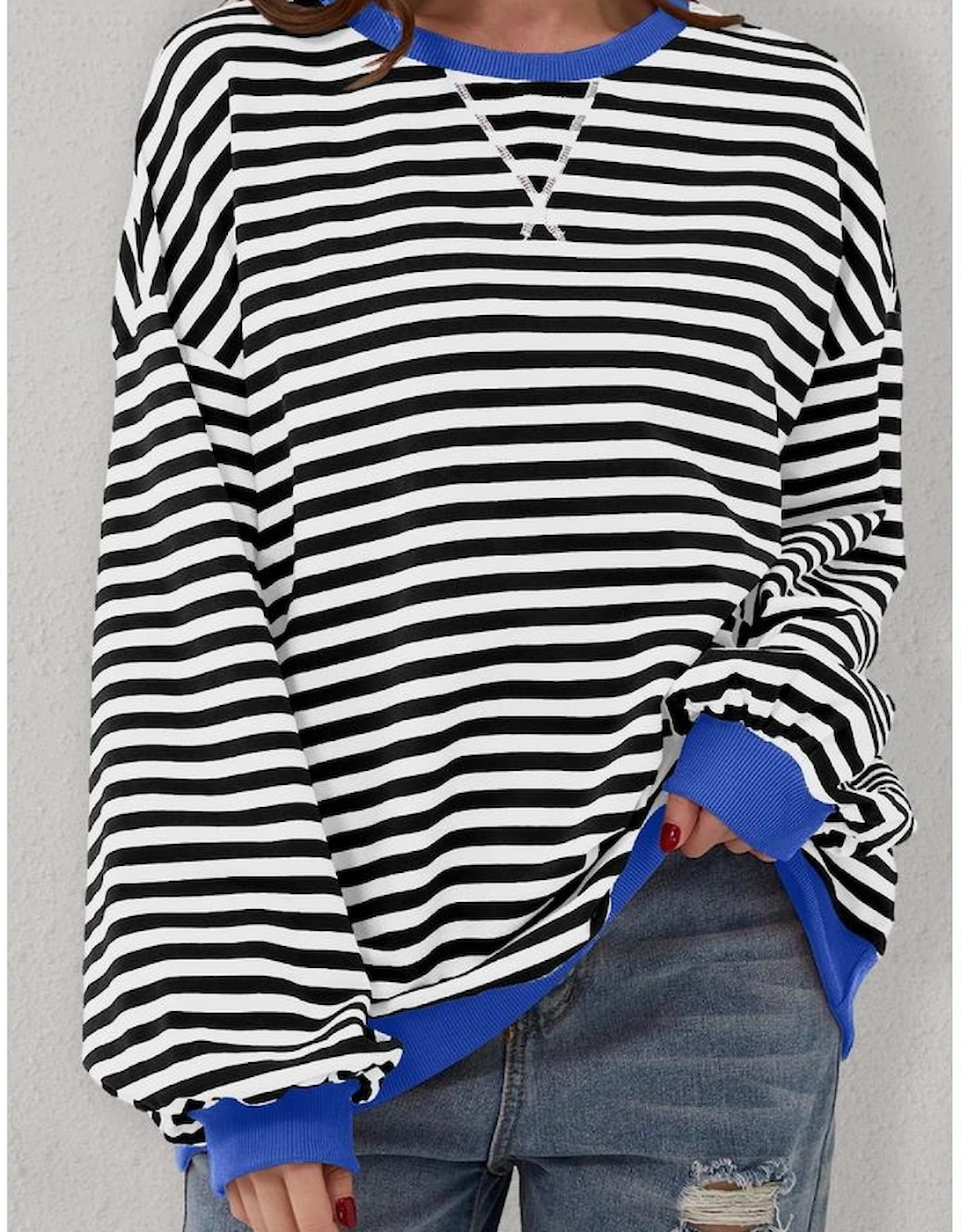 Black Stripe Oversized Contrast Trim Pullover Sweatshirt