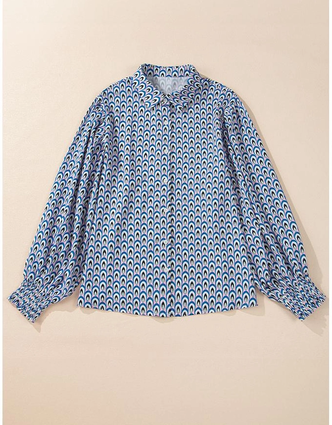 Sky Blue Abstract Print Shirred Cuff Buttoned Oversized Shirt