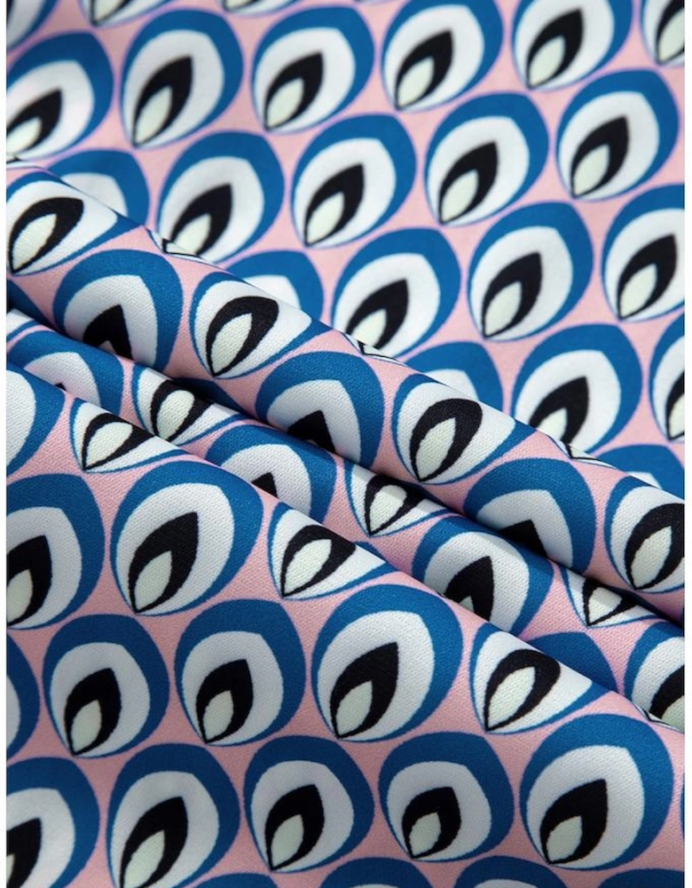 Sky Blue Abstract Print Shirred Cuff Buttoned Oversized Shirt