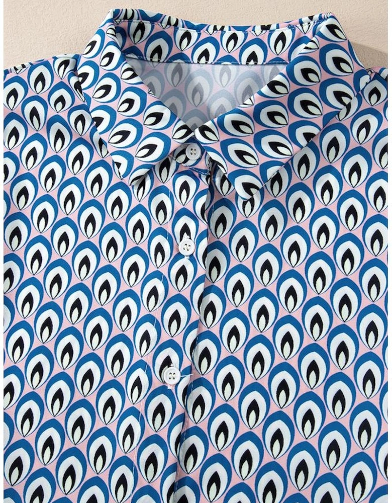 Sky Blue Abstract Print Shirred Cuff Buttoned Oversized Shirt