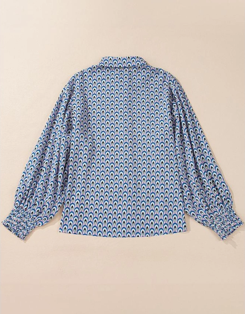 Sky Blue Abstract Print Shirred Cuff Buttoned Oversized Shirt