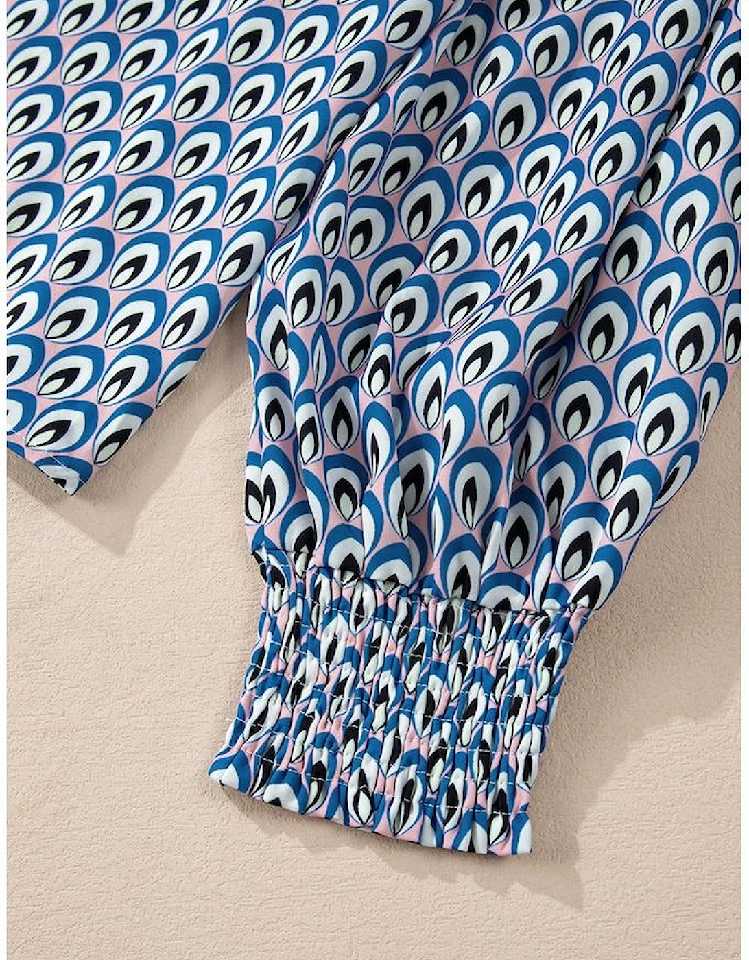 Sky Blue Abstract Print Shirred Cuff Buttoned Oversized Shirt