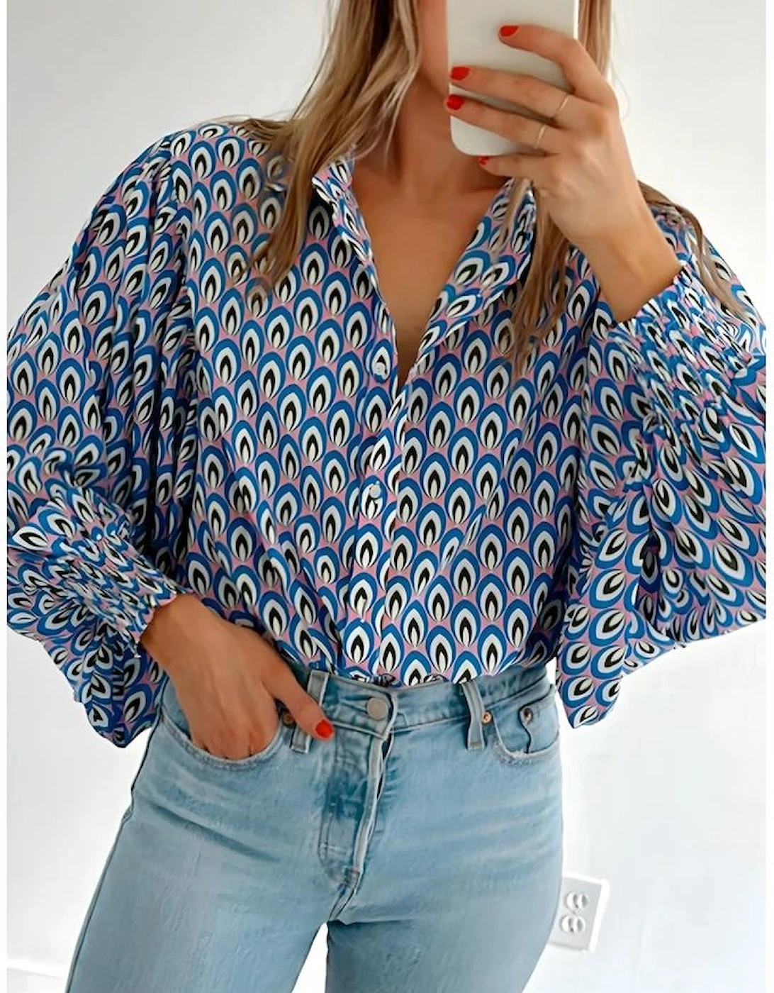 Sky Blue Abstract Print Shirred Cuff Buttoned Oversized Shirt