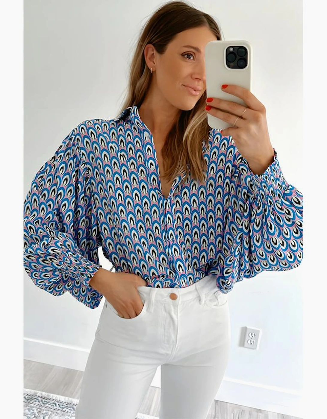 Sky Blue Abstract Print Shirred Cuff Buttoned Oversized Shirt