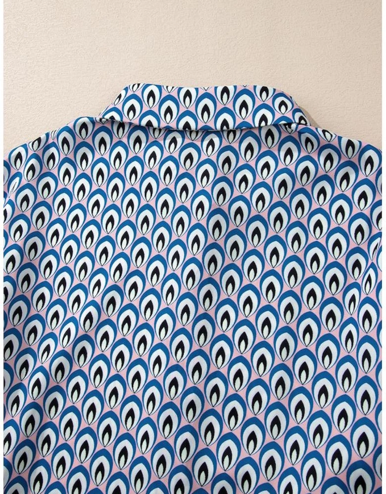 Sky Blue Abstract Print Shirred Cuff Buttoned Oversized Shirt