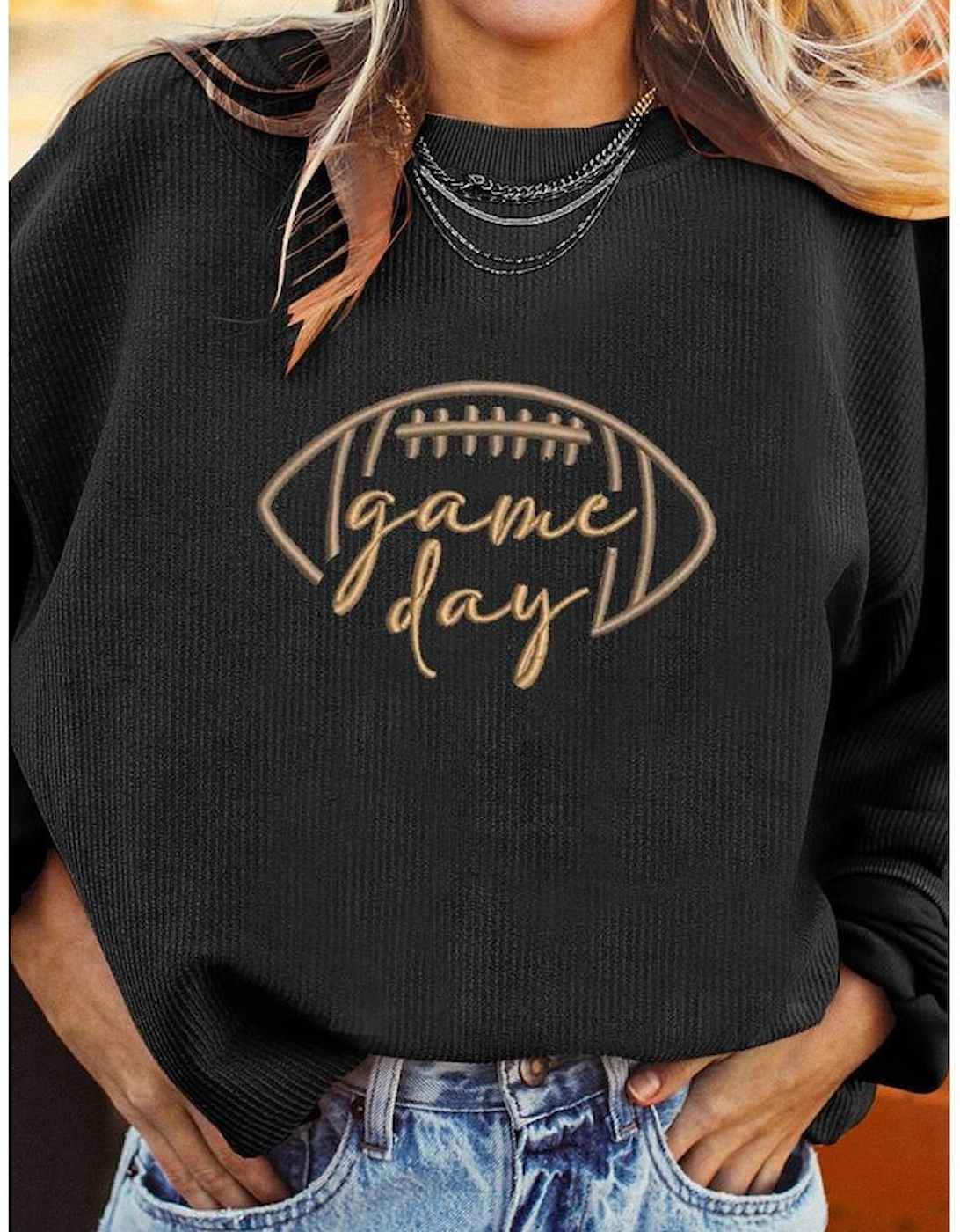 Black Rugby Game Day Embroidered Corduroy Sweatshirt