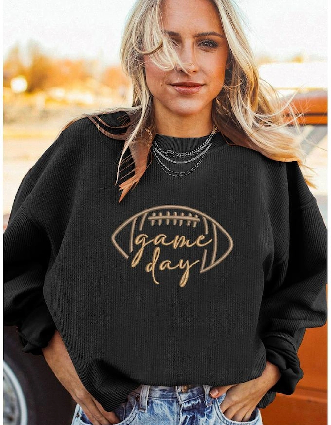 Black Rugby Game Day Embroidered Corduroy Sweatshirt