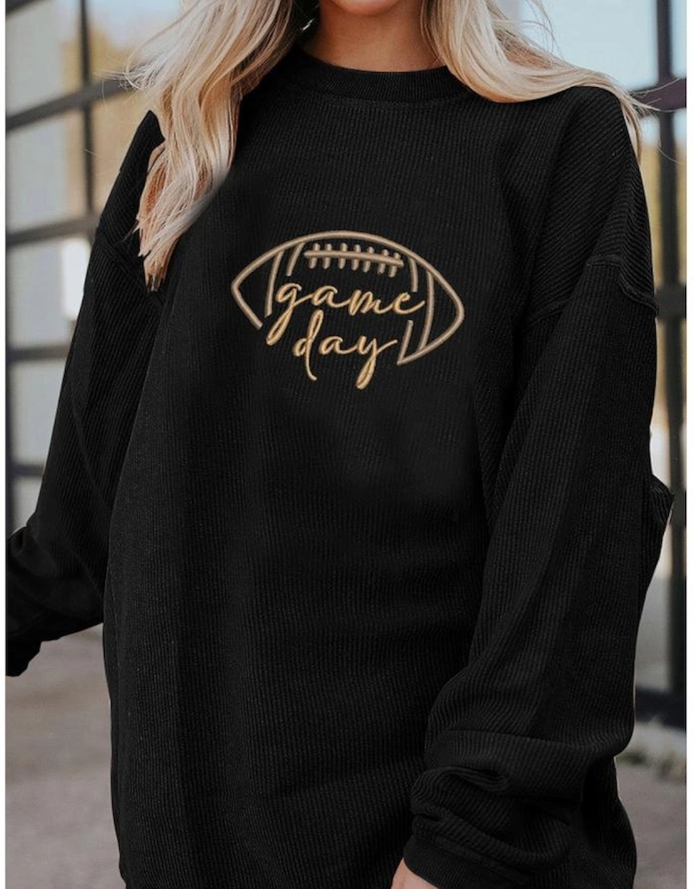 Black Rugby Game Day Embroidered Corduroy Sweatshirt