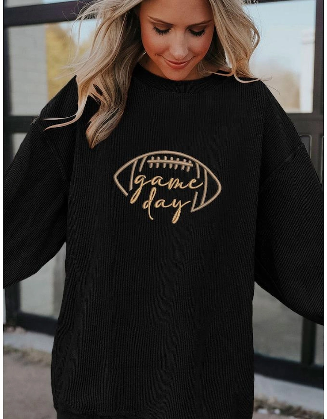 Black Rugby Game Day Embroidered Corduroy Sweatshirt