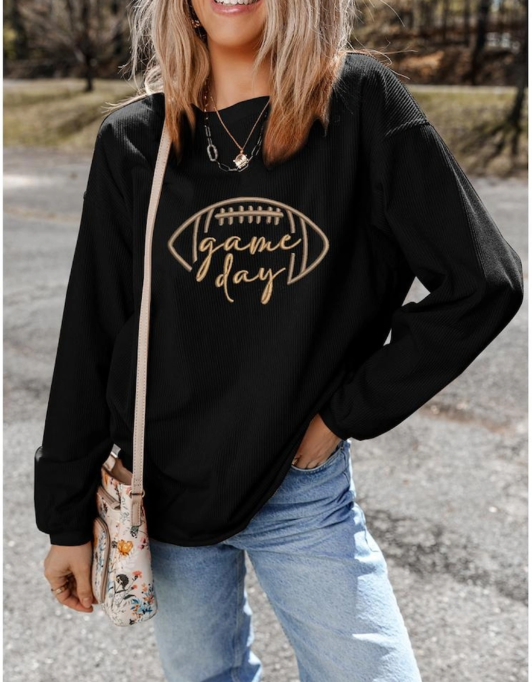 Black Rugby Game Day Embroidered Corduroy Sweatshirt
