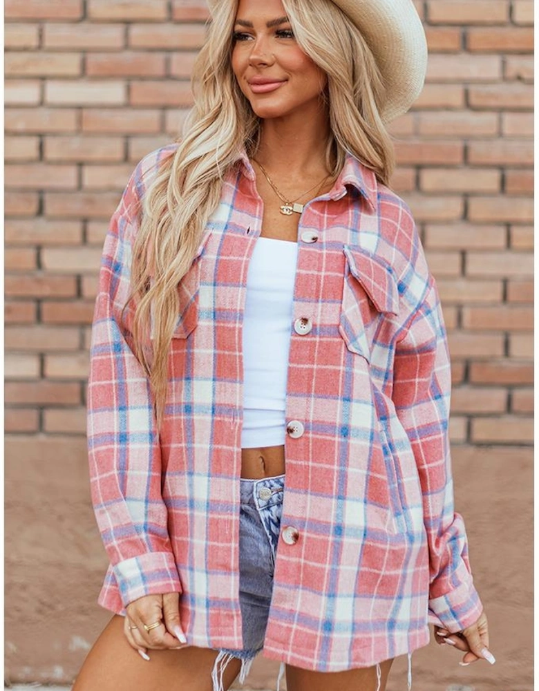 Pink Plaid Flap Pocket Button Up Shacket