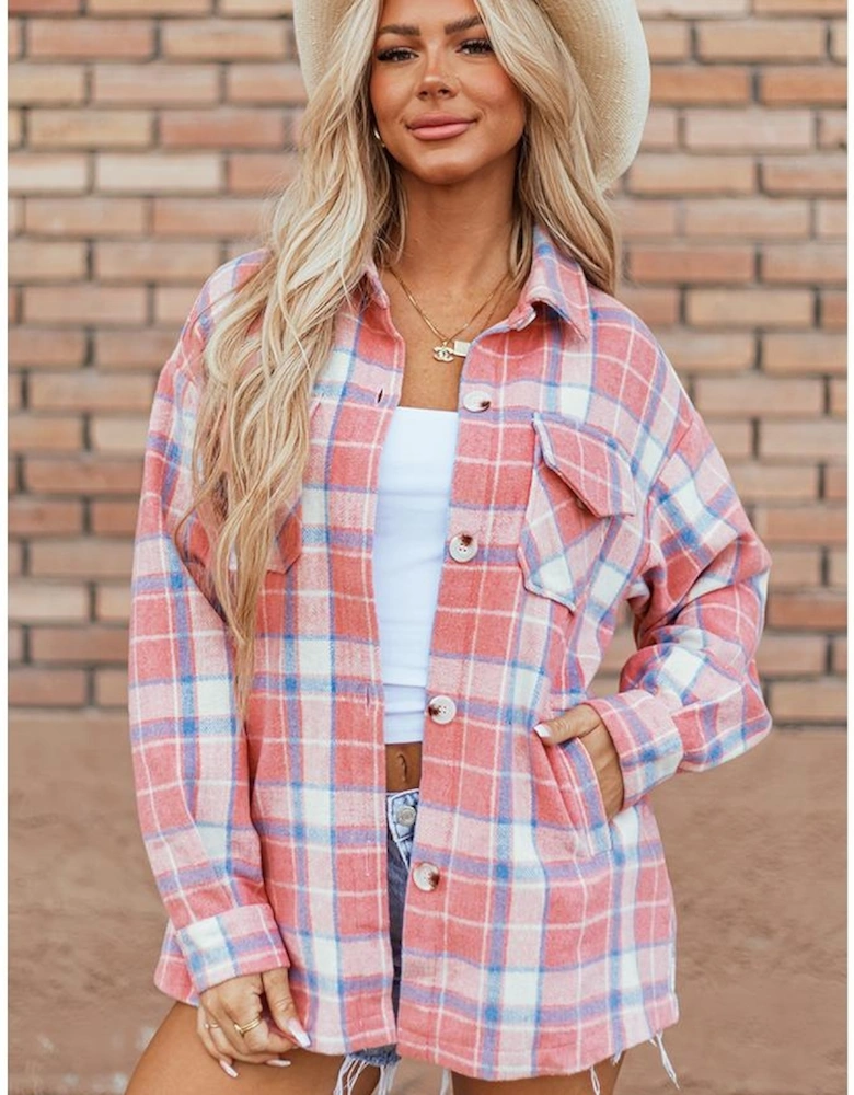 Pink Plaid Flap Pocket Button Up Shacket