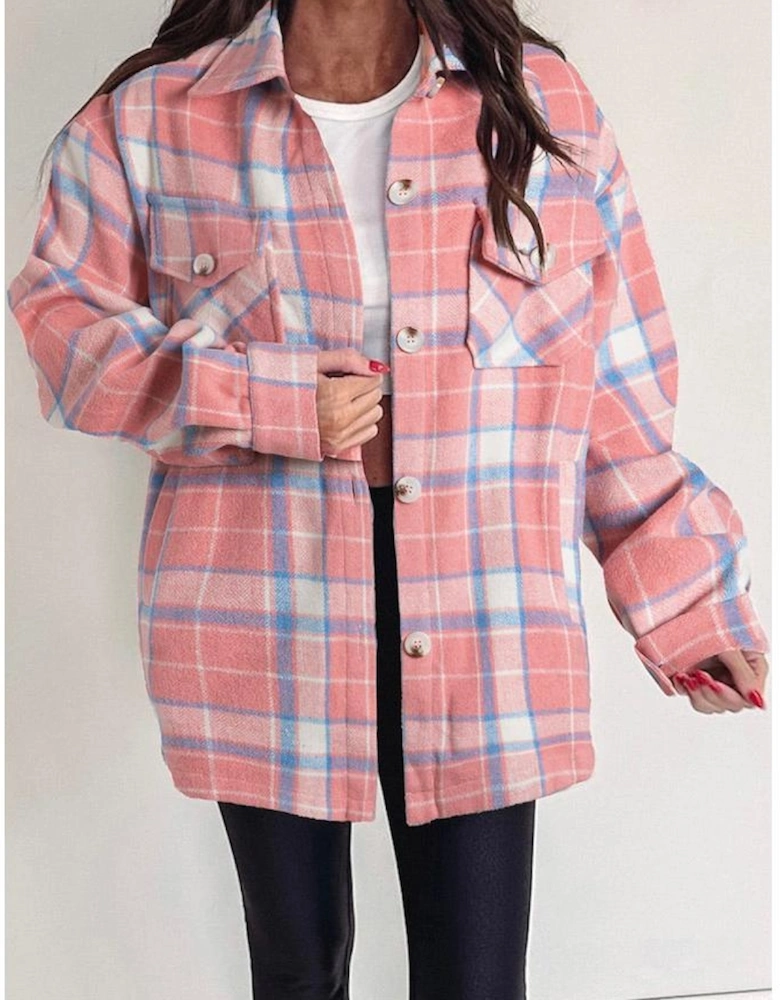 Pink Plaid Flap Pocket Button Up Shacket