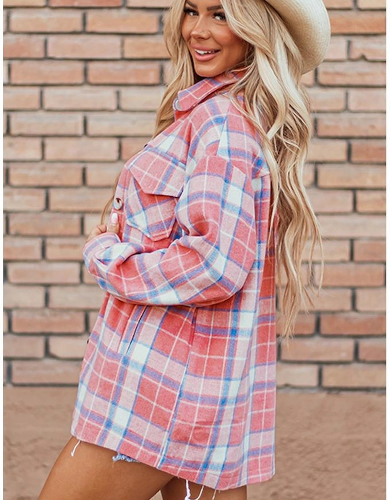 Pink Plaid Flap Pocket Button Up Shacket