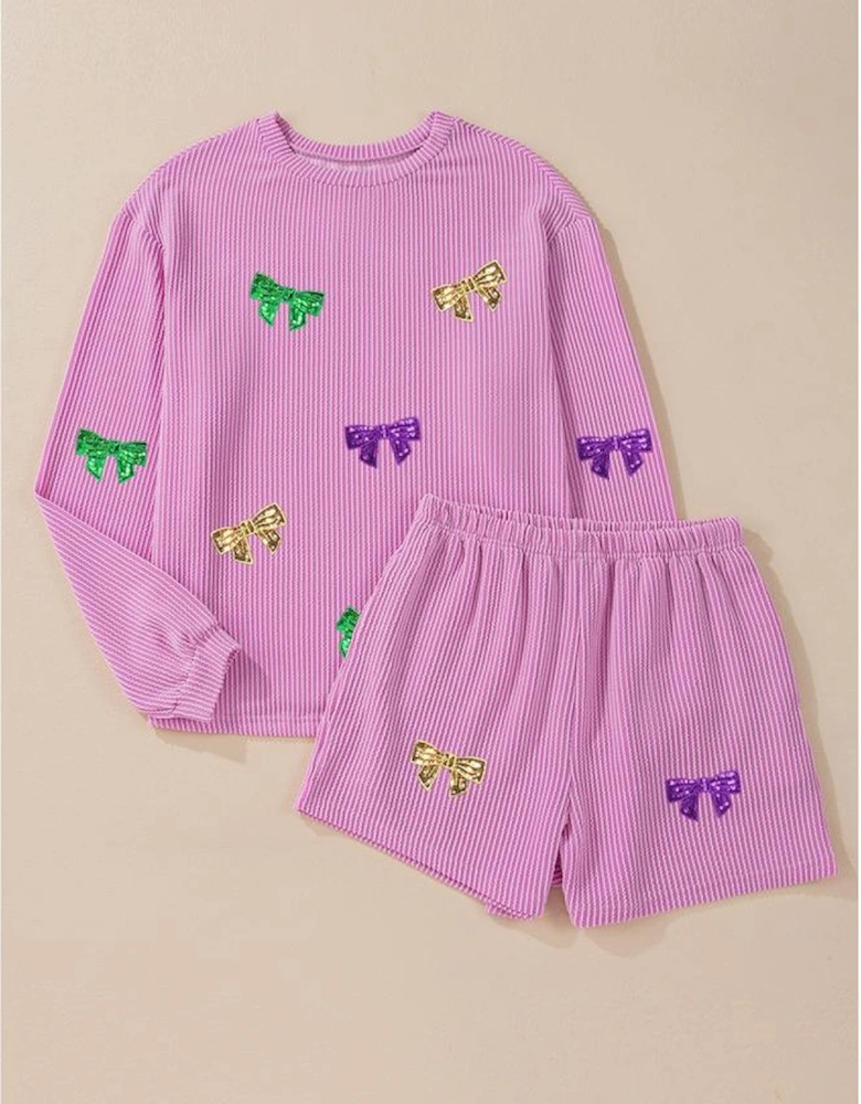 Phalaenopsis Bowknot Patched Pattern Corded Long Sleeve Top and Shorts Outfit