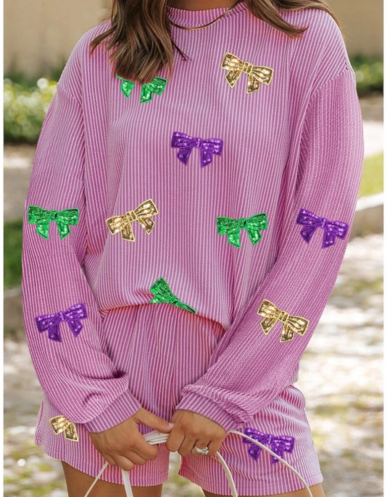 Phalaenopsis Bowknot Patched Pattern Corded Long Sleeve Top and Shorts Outfit