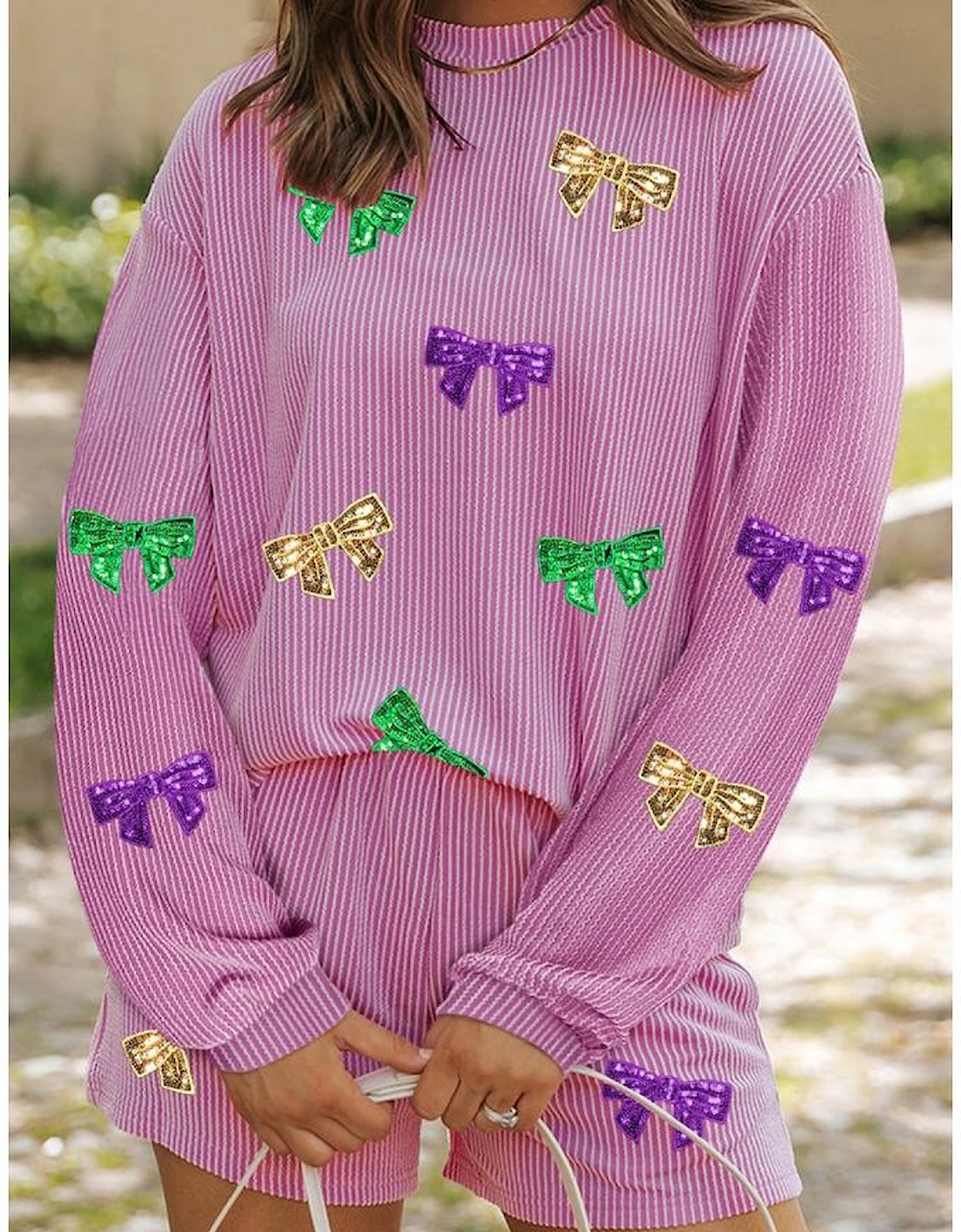 Phalaenopsis Bowknot Patched Pattern Corded Long Sleeve Top and Shorts Outfit, 5 of 4