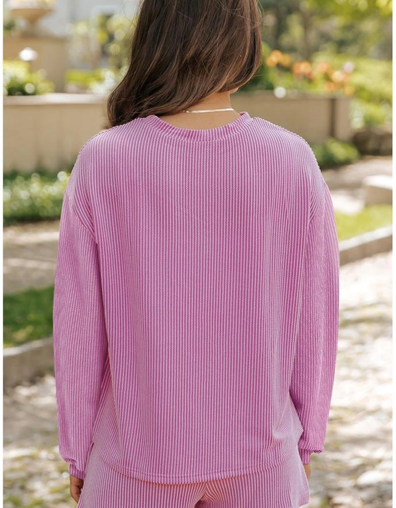 Phalaenopsis Bowknot Patched Pattern Corded Long Sleeve Top and Shorts Outfit