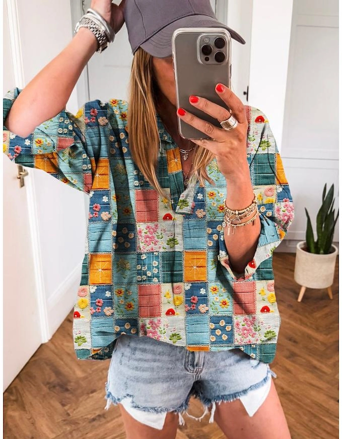 Sky Blue Floral Collared V Neck Roll up Sleeve Shift Blouse