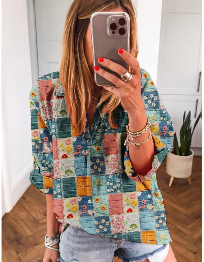 Sky Blue Floral Collared V Neck Roll up Sleeve Shift Blouse