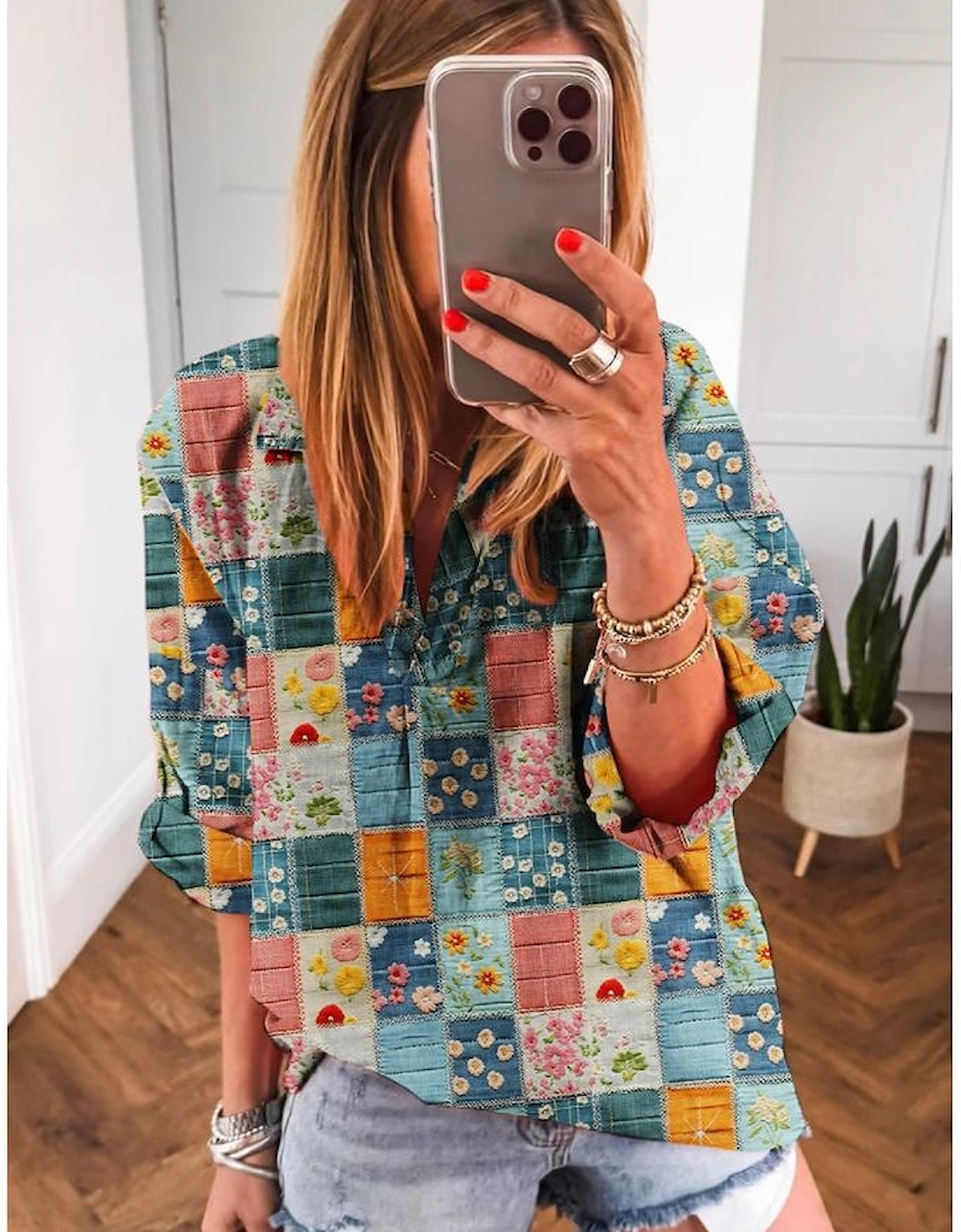 Sky Blue Floral Collared V Neck Roll up Sleeve Shift Blouse