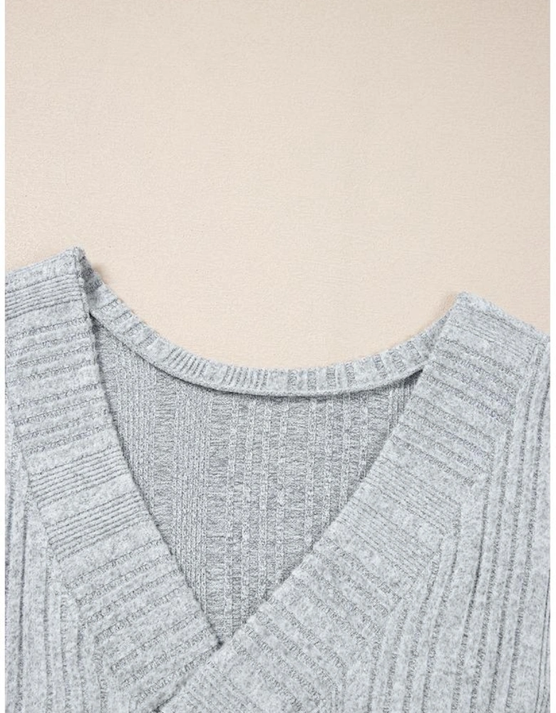 Light Grey Textured Crossover Backless Knit Long Sleeve Top