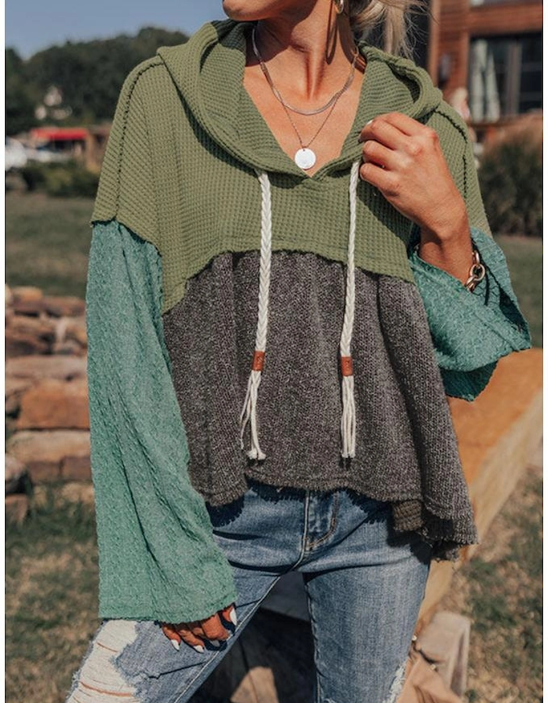 Laurel Green Mixed Textured Colorblock Patchwork Wide Sleeve Frayed High Low Hooded Top
