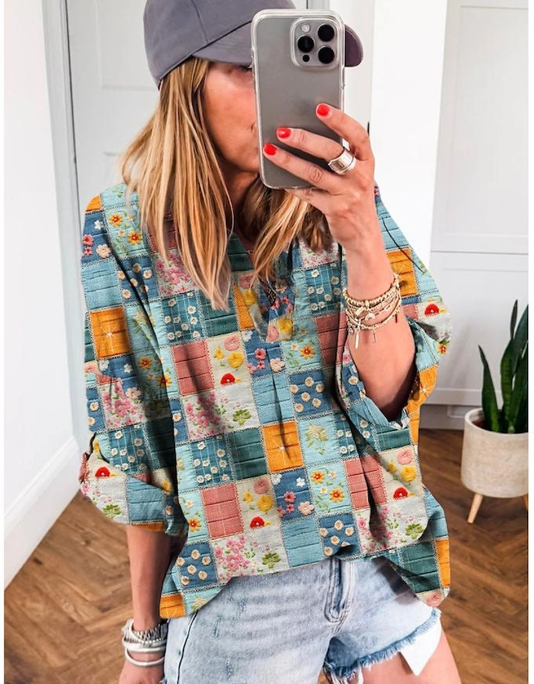 Sky Blue Floral Collared V Neck Roll up Sleeve Shift Blouse, 6 of 5