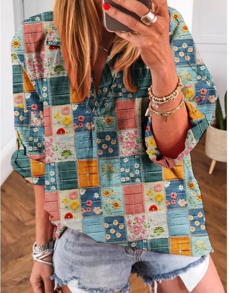 Sky Blue Floral Collared V Neck Roll up Sleeve Shift Blouse