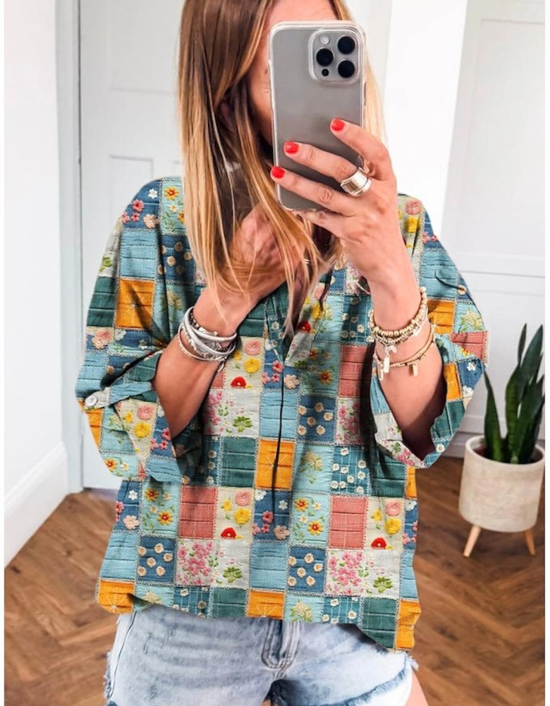 Sky Blue Floral Collared V Neck Roll up Sleeve Shift Blouse