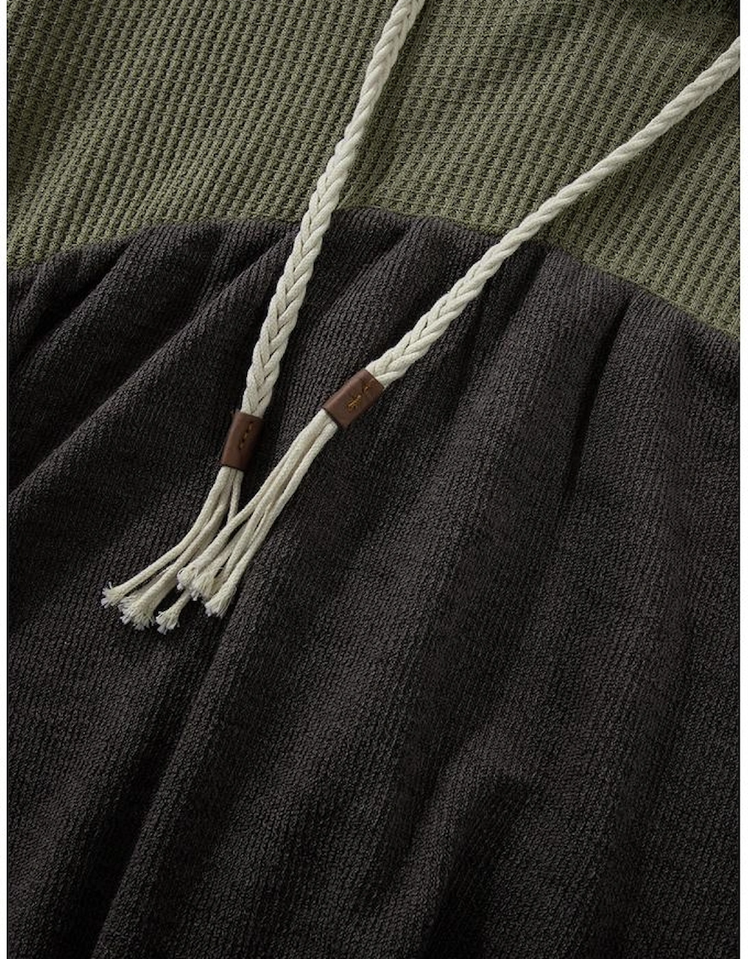 Laurel Green Mixed Textured Colorblock Patchwork Wide Sleeve Frayed High Low Hooded Top