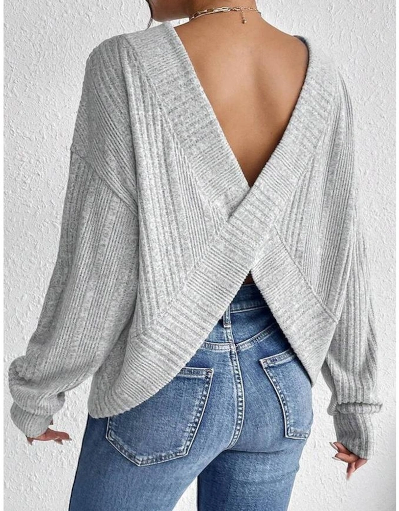 Light Grey Textured Crossover Backless Knit Long Sleeve Top