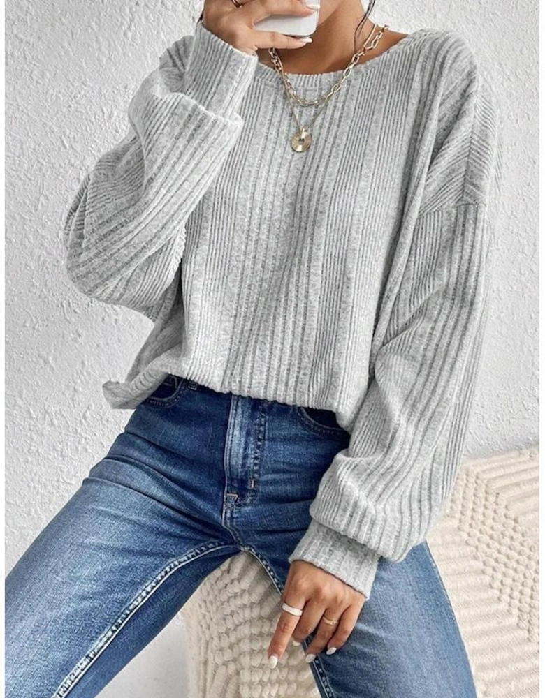 Light Grey Textured Crossover Backless Knit Long Sleeve Top