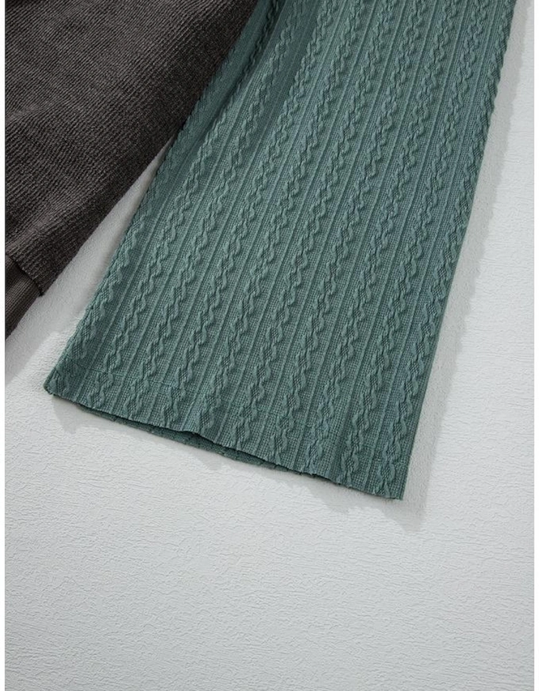 Laurel Green Mixed Textured Colorblock Patchwork Wide Sleeve Frayed High Low Hooded Top