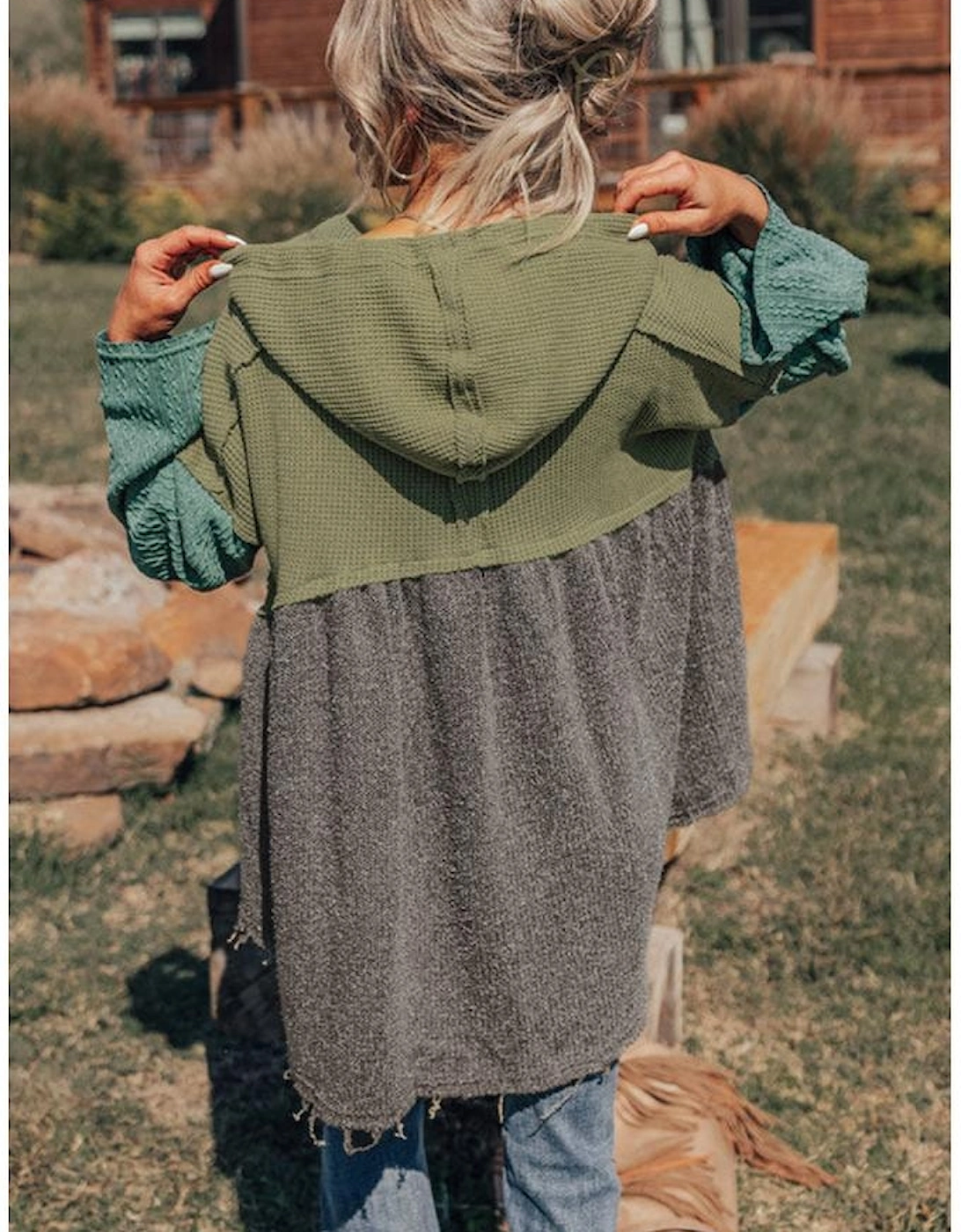 Laurel Green Mixed Textured Colorblock Patchwork Wide Sleeve Frayed High Low Hooded Top