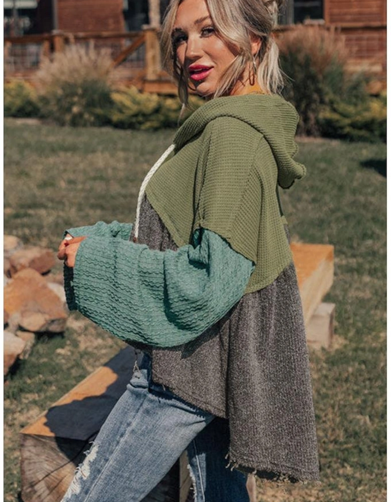 Laurel Green Mixed Textured Colorblock Patchwork Wide Sleeve Frayed High Low Hooded Top