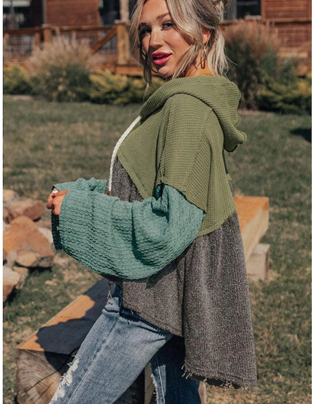 Laurel Green Mixed Textured Colorblock Patchwork Wide Sleeve Frayed High Low Hooded Top