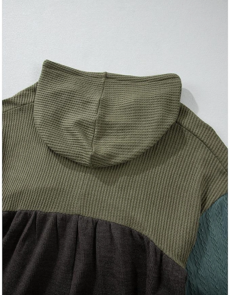 Laurel Green Mixed Textured Colorblock Patchwork Wide Sleeve Frayed High Low Hooded Top