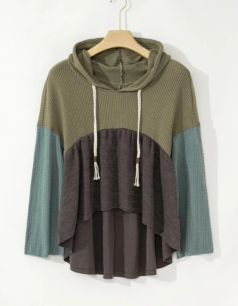 Laurel Green Mixed Textured Colorblock Patchwork Wide Sleeve Frayed High Low Hooded Top