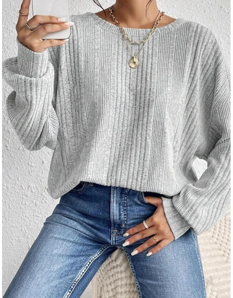 Light Grey Textured Crossover Backless Knit Long Sleeve Top
