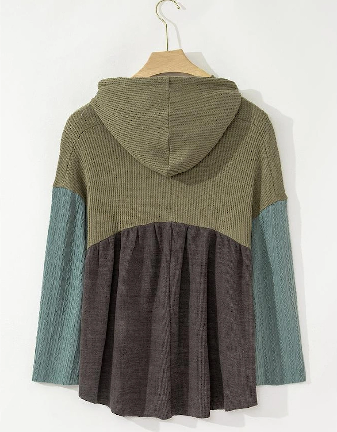 Laurel Green Mixed Textured Colorblock Patchwork Wide Sleeve Frayed High Low Hooded Top