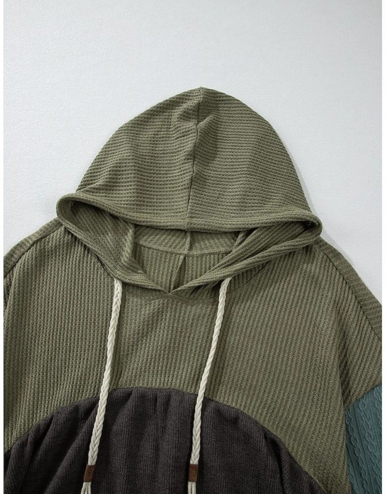 Laurel Green Mixed Textured Colorblock Patchwork Wide Sleeve Frayed High Low Hooded Top