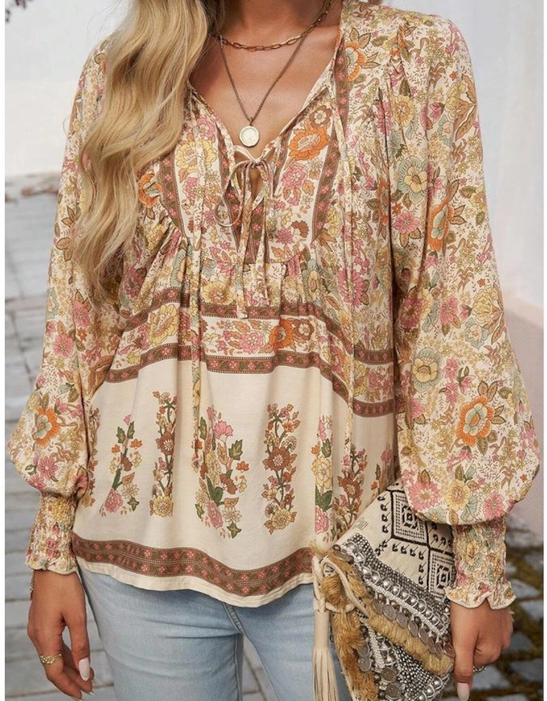 Yellow Floral Print Tie Neck Lantern Sleeve Blouse